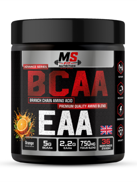 MS Fit Nutrition BCAA + EAA Amino Blend – Orange Flavour, 250g | 36 Servings
