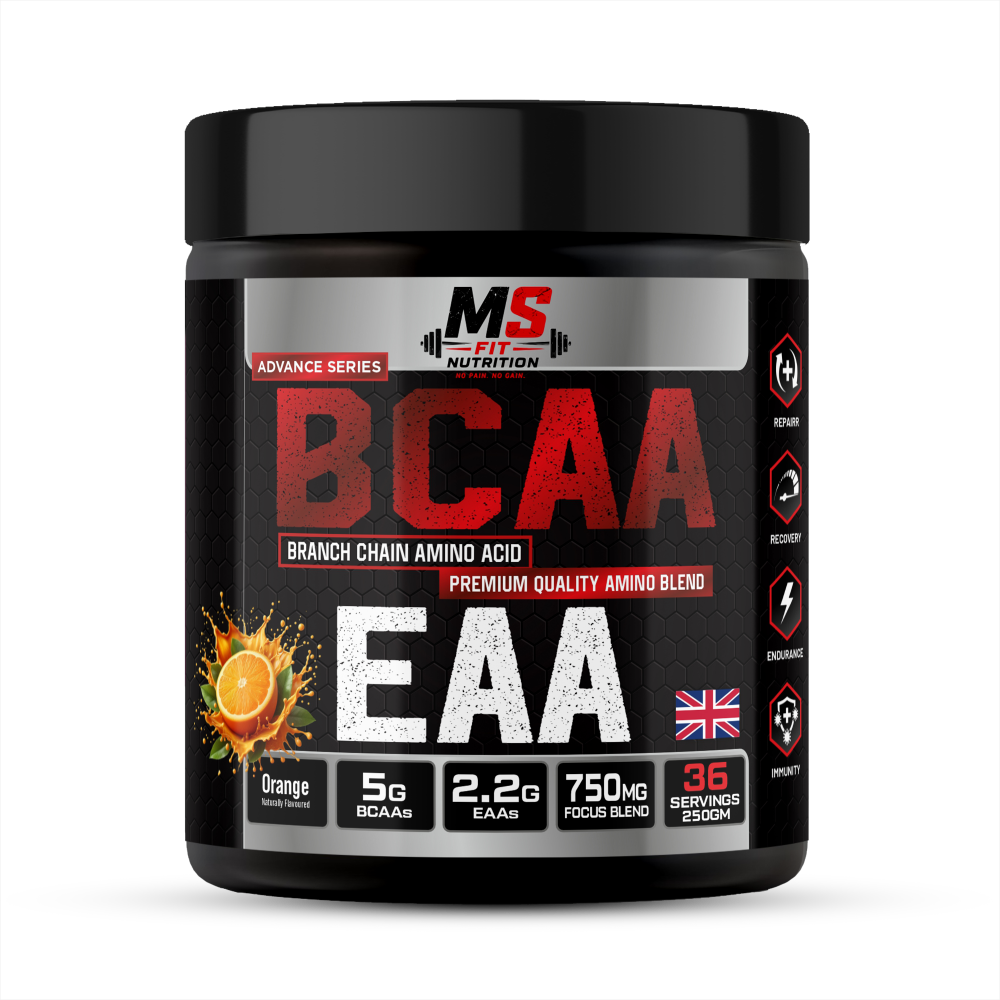MS Fit Nutrition BCAA + EAA Amino Blend – Orange Flavour, 250g | 36 Servings