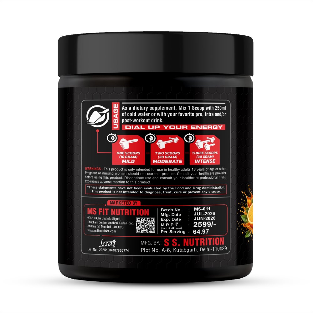 MS Fit Nutrition BCAA + EAA Amino Blend – Orange Flavour, 250g | 36 Servings - Image 2